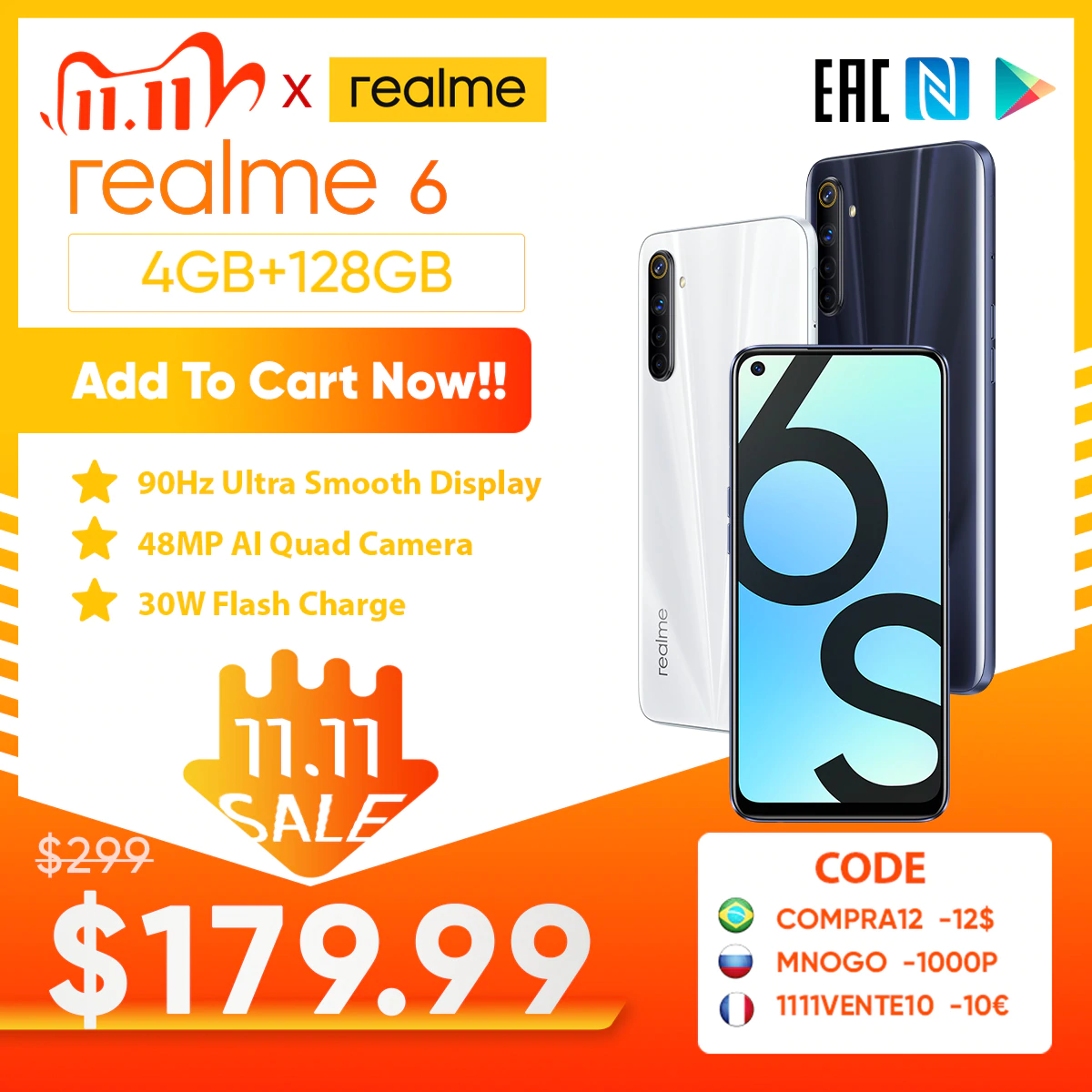 Realme 6s NFC в мире смартфон 90 Гц 6,5 ''Дисплей 6 ГБ 128 ГБ мобильный телефон 48MP 4300 мА/ч, 30W смены телефон Android телефонов