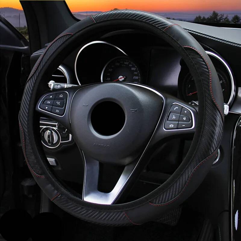 Чехол рулевого колеса автомобиля дышащие Нескользящие чехлы из искусственной кожи для руля 37-38 см, украшение для автомобиля из углеродного волокна