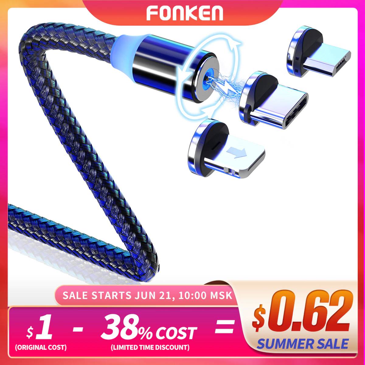 Магнитный зарядный кабель Fonken Type C Магнитный кабель для Samsung Xiaomi Мобильный телефон зарядное устройство Micro USB Магнитный кабель для Iphone