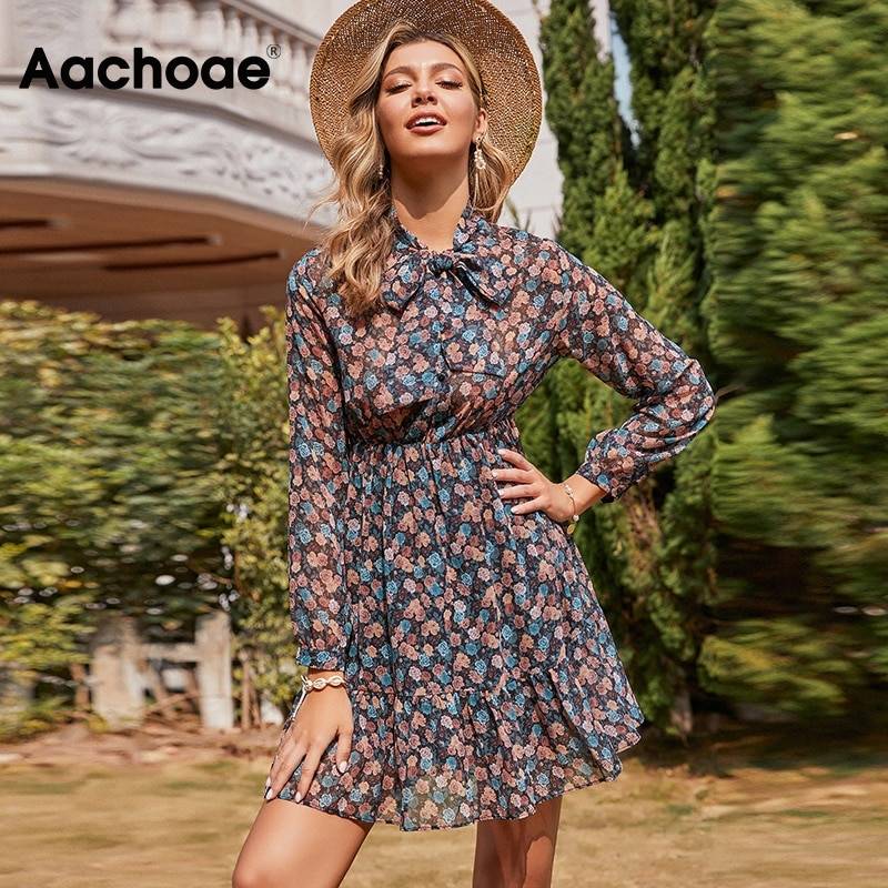 Aachoae женское платье с цветочным рисунком, с бантом, с завязками на шее в винтажном стиле; Плиссированное платье прозрачные рукава с принтом мини-платье повседневное Открытое платье без рукавов Vestidos