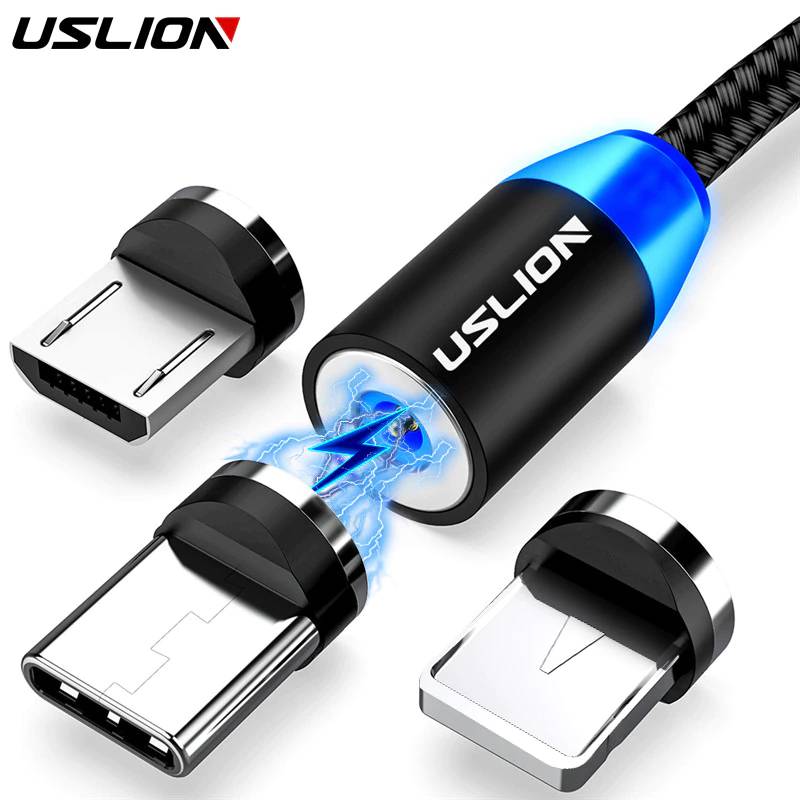 Магнитный USB-кабель USLION для iPhone 12, 11, Xiaomi, Samsung, кабель типа C, светодиодный кабель для быстрой зарядки и передачи данных, кабель Micro USB, шнур, провод