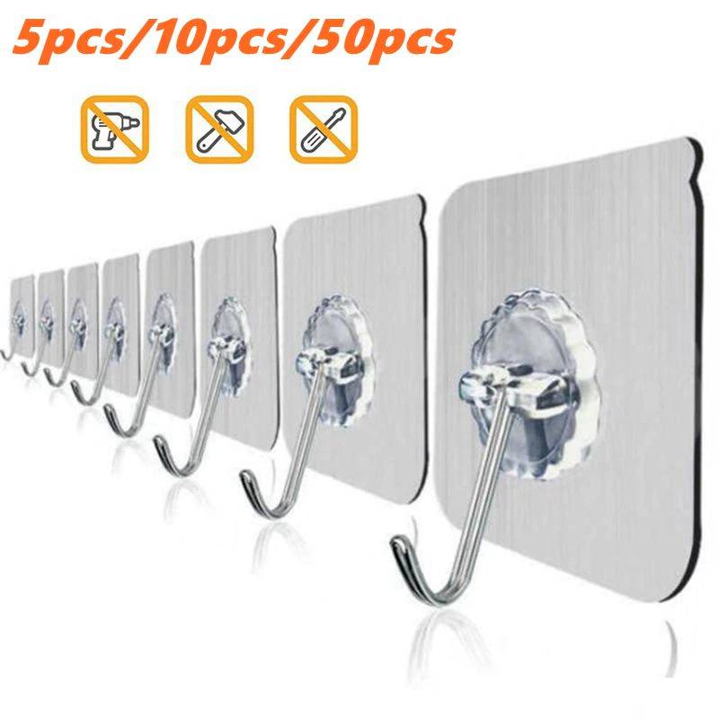 Прозрачные настенные крючки для ванной комнаты, 5/10/30/50 шт., водонепроницаемые маслонепроницаемые самоклеящиеся крючки, многоразовые бесшовные подвесные крючки для кухни