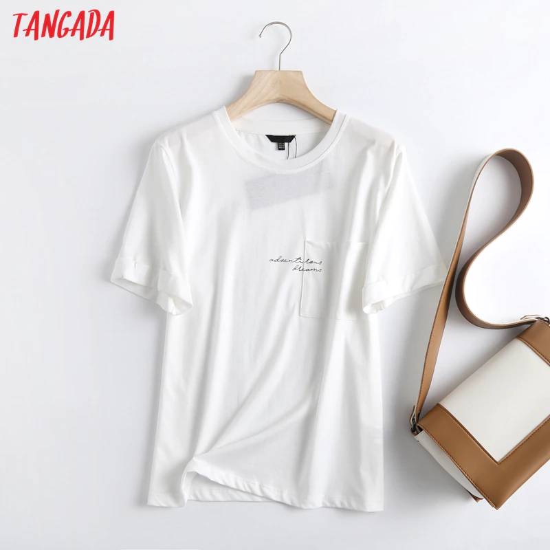 Tangada 2021 Women Letter Print High Quality Cotton T Shirt Short Sleeve O Neck Tees Ladies Casual Tee Shirt Street Wear Top 6D2