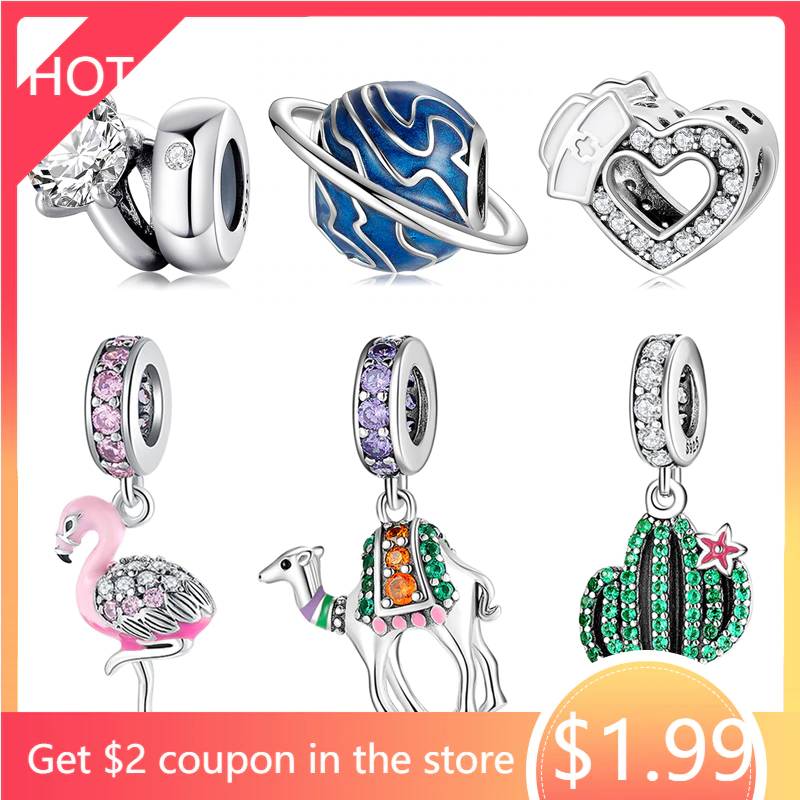 Модные подвески «сделай сам» в виде милых животных, фламинго, верблюда, подсолнуха, чашки кофе, сердца, бусины подходят для оригинального браслета Pandora, Женские Ювелирные изделия
