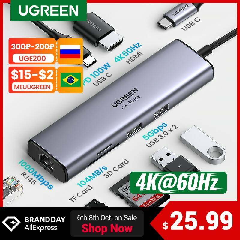 UGREEN USB C HUB 4K 60Hz Type C к HDMI 2,0 RJ45 USB 3,0 PD 100 вт адаптер для Macbook Air Pro iPad Pro M1 PC Аксессуары USB HUB