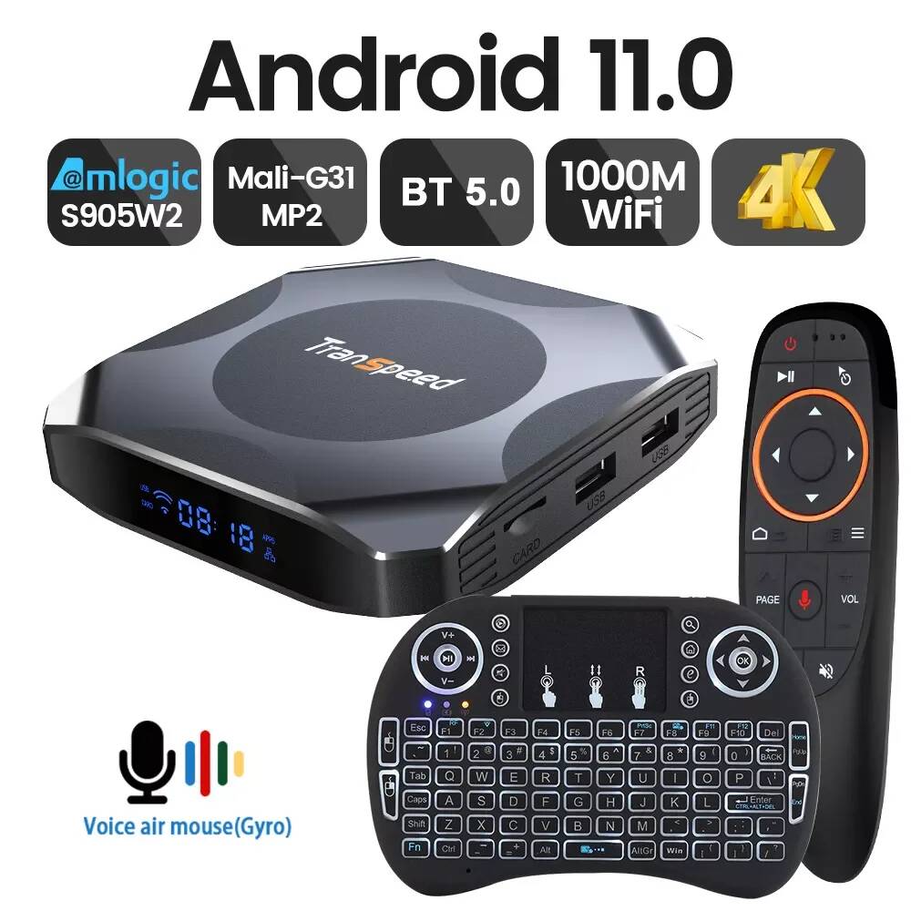 ТВ-приставка Transpeed Android 11 BT5.0 3D Быстрый двойной 1000 м WiFi 4K 4 Гб 64 ГБ 32 ГБ медиаплеер Amlogic S905W2 Mali G31 AV1 телеприставка