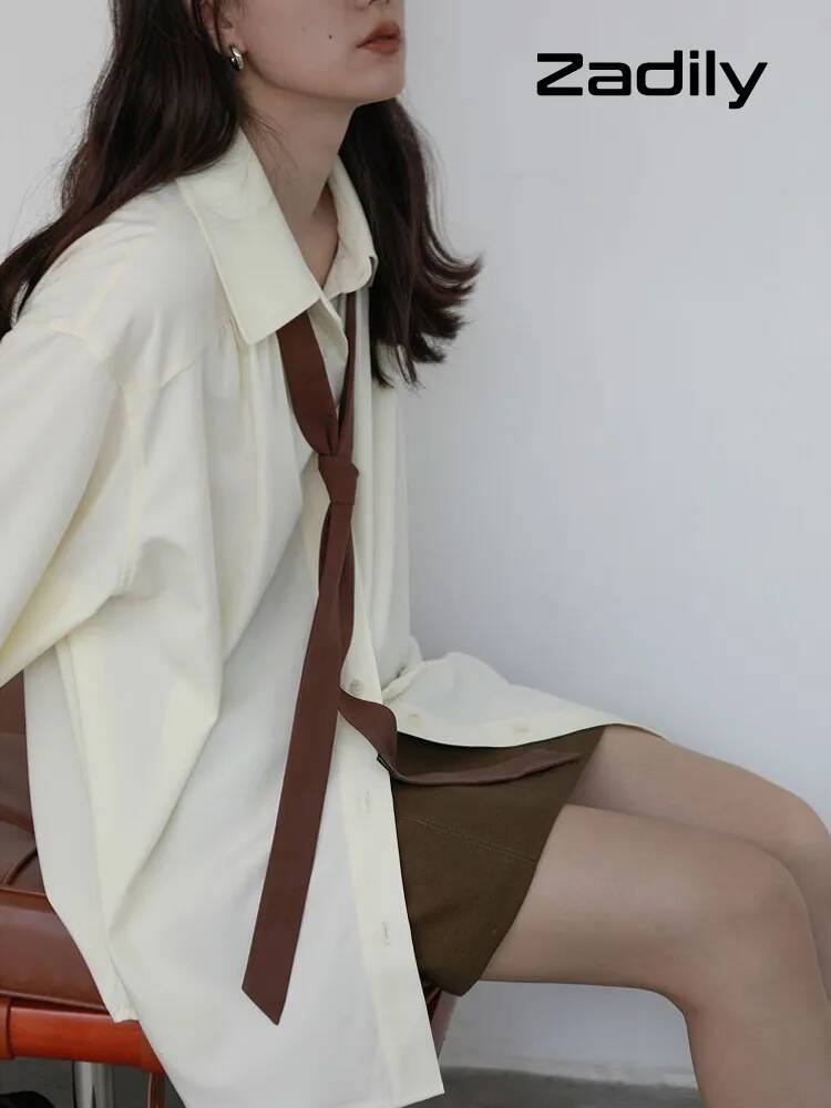 Женская рубашка оверсайз с длинными рукавами и галстуком, цвет бледно-желтый/серый