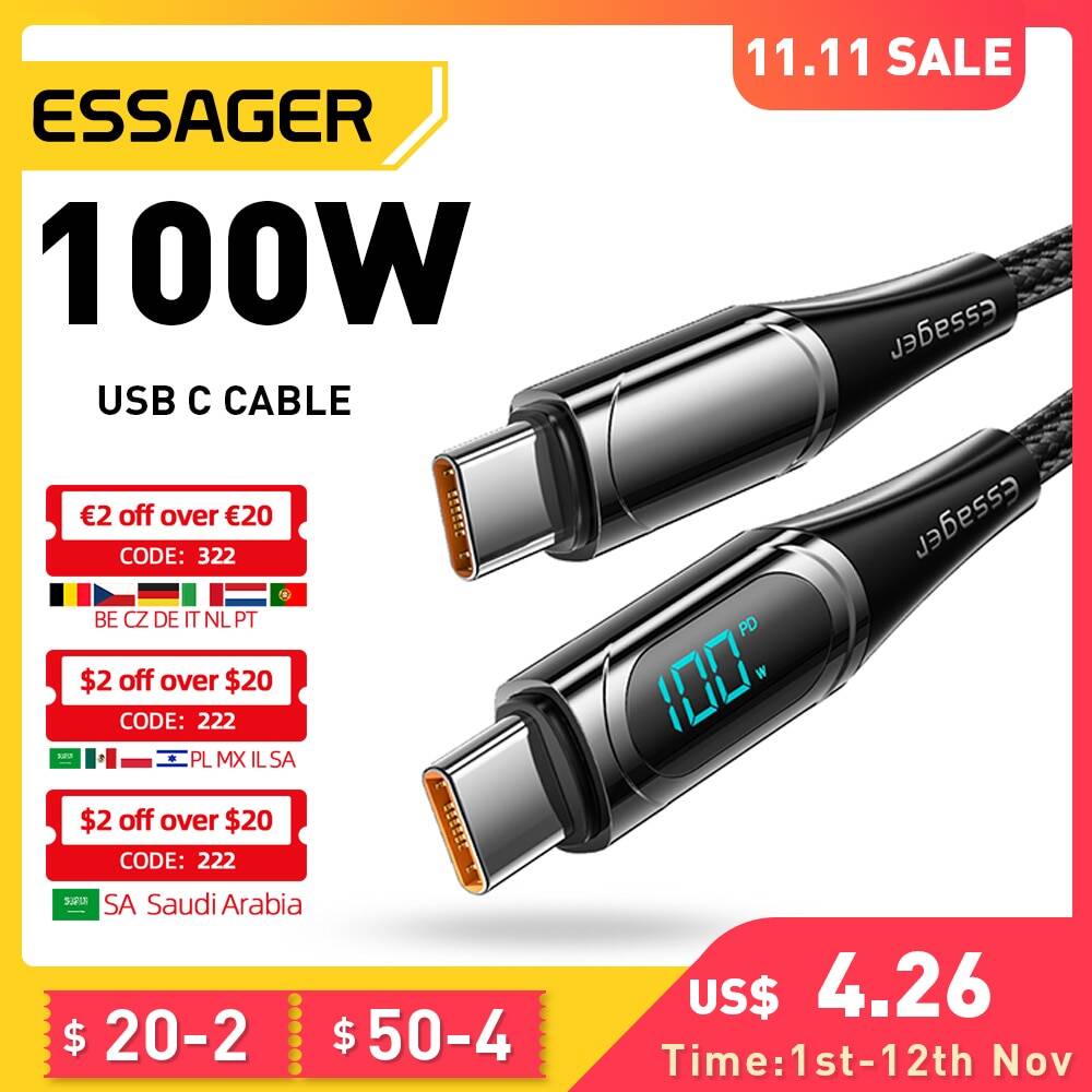 Кабель зарядный Essager USB Type-C на USB C, 100 Вт/5A, 2 м