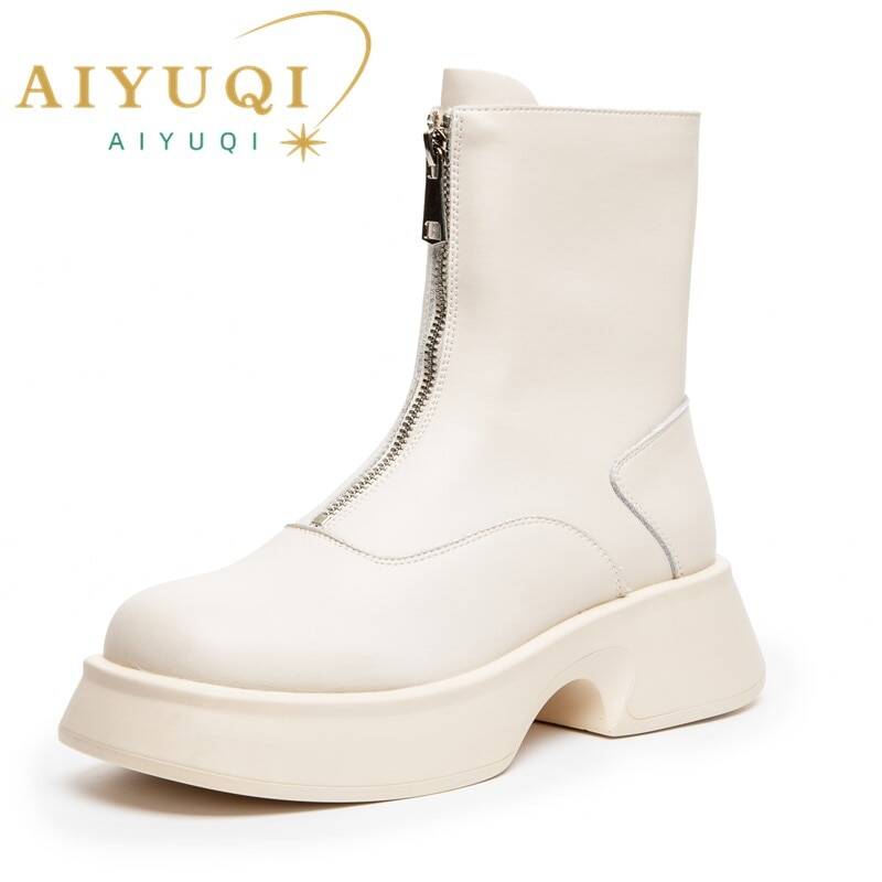 Женские ботинки челси AIYUQI из натуральной кожи, модные зимние ботинки с мехом, женские короткие ботинки на молнии спереди в британском стиле