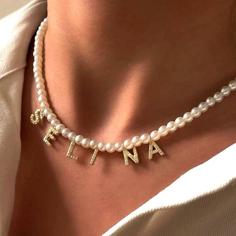 Ожерелье с именем на заказ, индивидуальное ожерелье с подвеской «сделай сам», ожерелья с имитацией жемчуга и бусинами для женщин, женский чокер с жемчугом