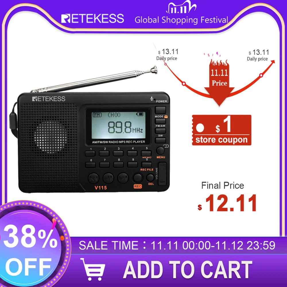RETEKESS V115 радио AM FM SW карманное радио коротковолновый fm-динамик Поддержка TF карта USB REC рекордер время сна