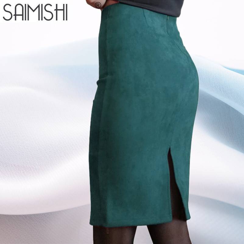 Super Deals Fashion Women Suede Solid Color Pencil Skirt Female Spring Autumn Basic High Waist Bodycon Split Knee Length Skirts