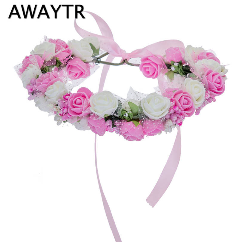 Для женщин ободок цветы на голове Awaytr Обувь для девочек Цветок Корона Венок Свадебные Женские аксессуары для волос двойной пены Роза повязка на голову с цветочным узором