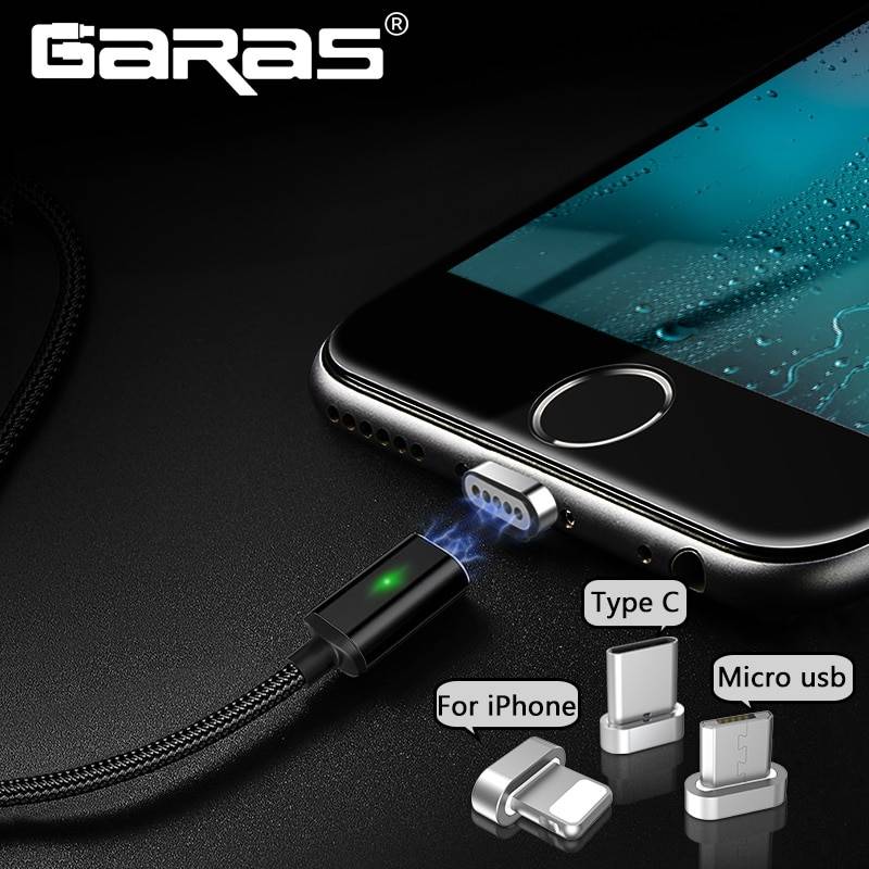 Магнитный кабель GARAS для iphone/Micro USB/type-C, зарядное устройство, адаптер для iphone, магнит, быстрая зарядка, кабели для мобильных телефонов, 2 м