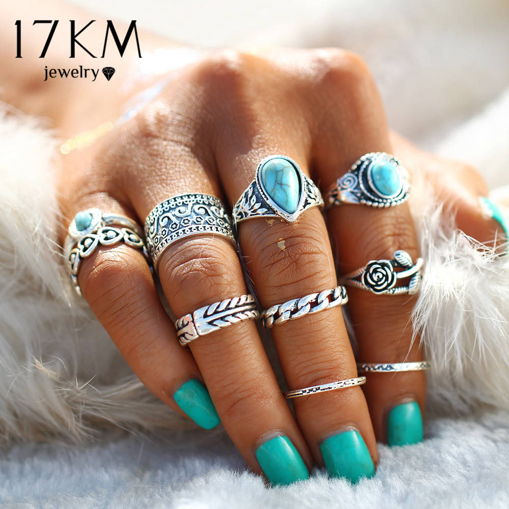 17 КМ Vintage 2 Цвет Розы Сердце Midi Кольцо Устанавливает Boho Пляж Anillos урожай Тибетский Цветок Костяшки Кольца для Женщин Человека кастет оружие Панк Ювелирные перстень Изделия кольцо женское кольца