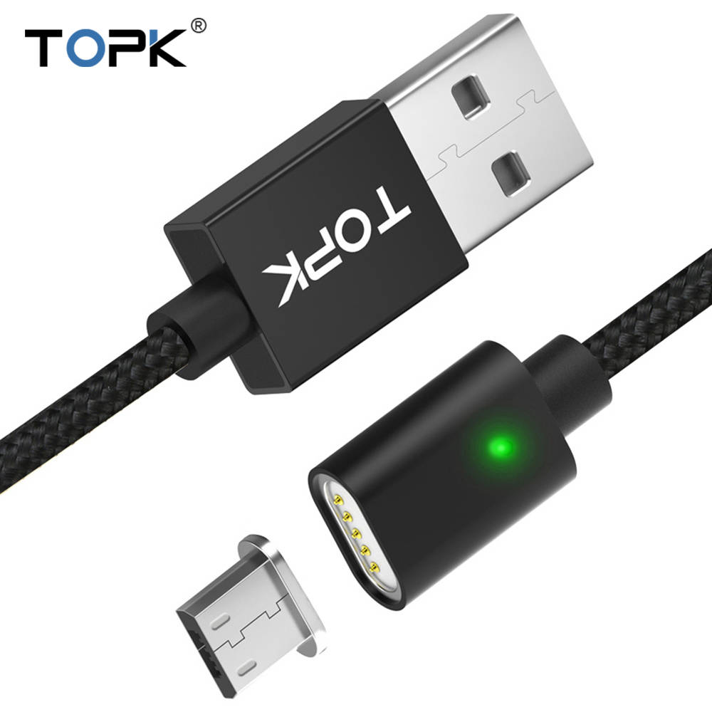 TOPK F-Line1 Магнитная Micro usb-кабель светодиодный индикатор обновлен Нейлон Плетеный синхронизации данных USB зарядное устройство кабель для Micro USB порты и разъёмы