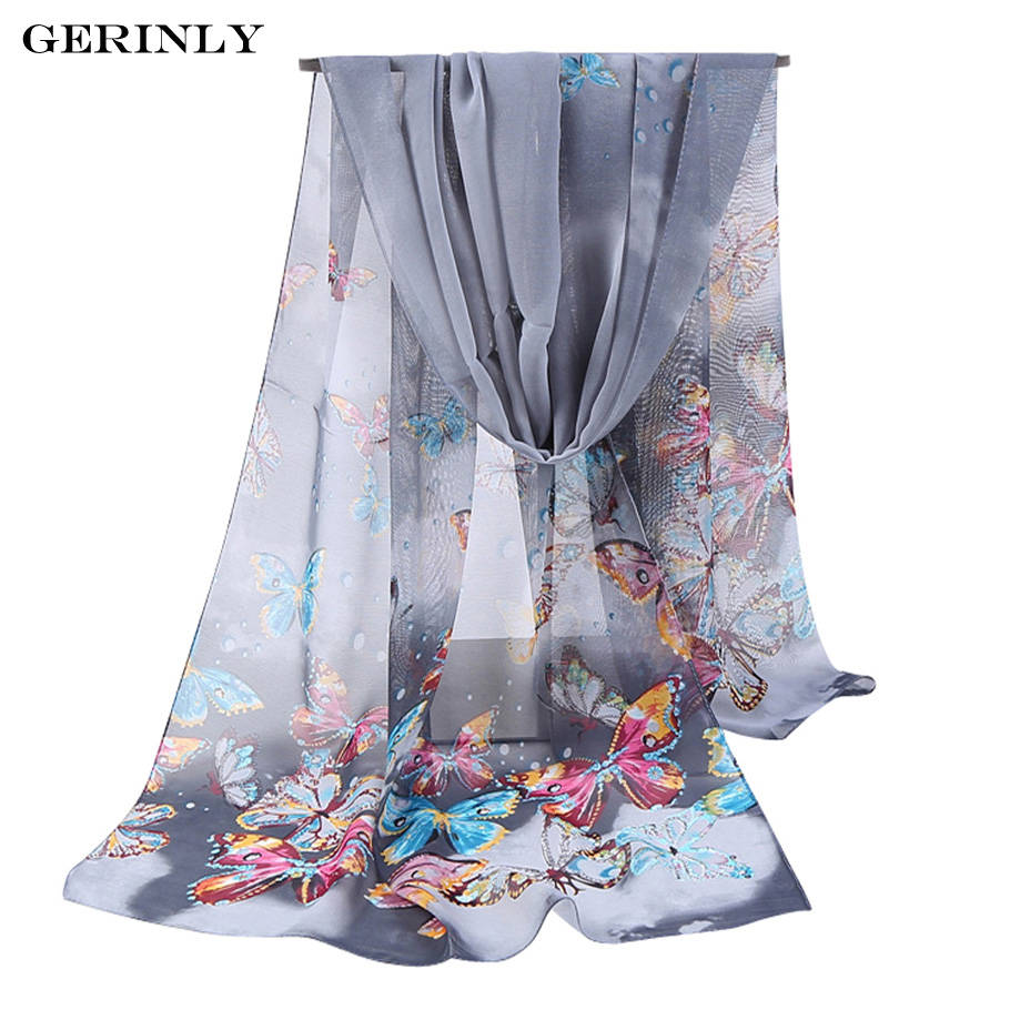 GERINLY уникальный Для женщин шарфы шифон милые бабочки печатных шарф новый Дизайн длинные мягкие шелковые платки сезон: весна–лето хиджаб обертывания