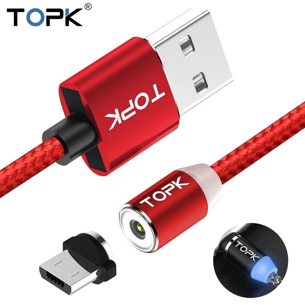 TOPK 1 м (3,3 фута) светодиодный магнитный кабель Micro USB, высококачественный нейлоновый Плетеный Магнитный кабель для зарядного устройства Microusb для порта Micro USB