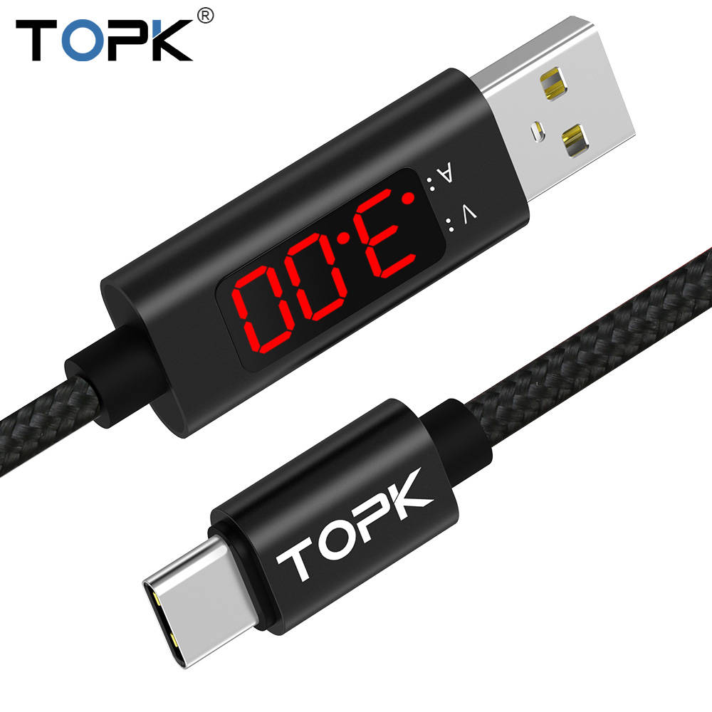 TOPK AC27 3A (макс.) usb type C кабель, QC 3,0 быстрое зарядное напряжение и ток дисплей нейлоновый Плетеный USB C кабель для синхронизации данных