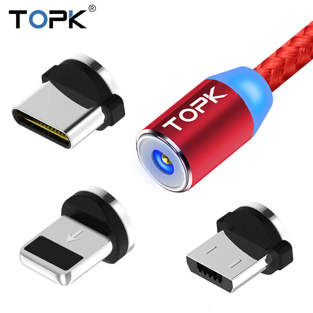 TOPK 1 м светодиодный магнитный кабель и Micro USB кабель и usb type C кабель нейлоновый Плетеный type-C магнитное зарядное устройство, кабель для iPhone Xs Max