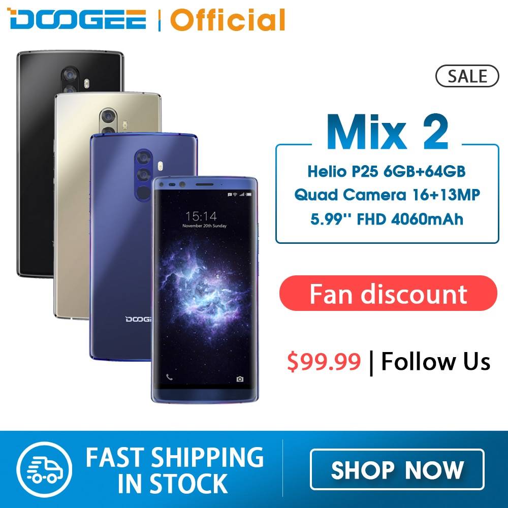 DOOGEE Mix 2 6 ГБ ОЗУ 64 Гб ПЗУ Helio P25 Восьмиядерный 5,99 ''FHD + смартфон Quad Camera 16,0 + 13,0 MP 8,0 + 8,0 MP Android 7,1 4060 мАч
