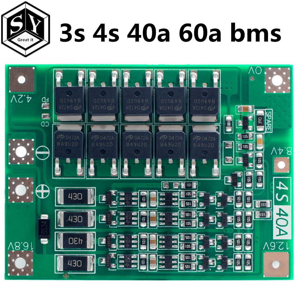 3 S/4S 40A 60A литий-ионный аккумулятор зарядное устройство Защитная плата 18650 BMS для дрели двигателя 11,1 V 12,6 V/14,8 V 16,8 V повышение/баланс