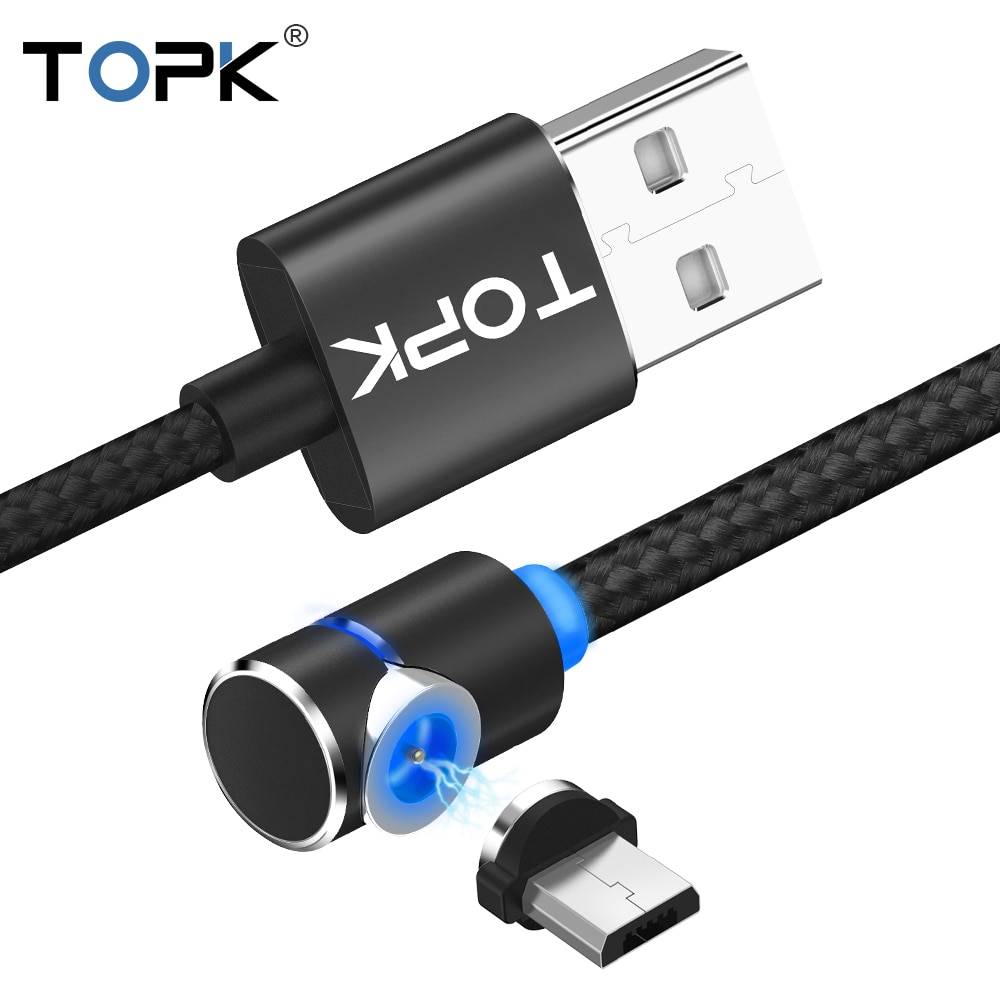 TOPK L-Line1 1 м и 2 м светодиодный магнитный Micro USB кабель 90 градусов L Форма Магнит USB зарядное устройство кабель для Micro USB порты и разъёмы