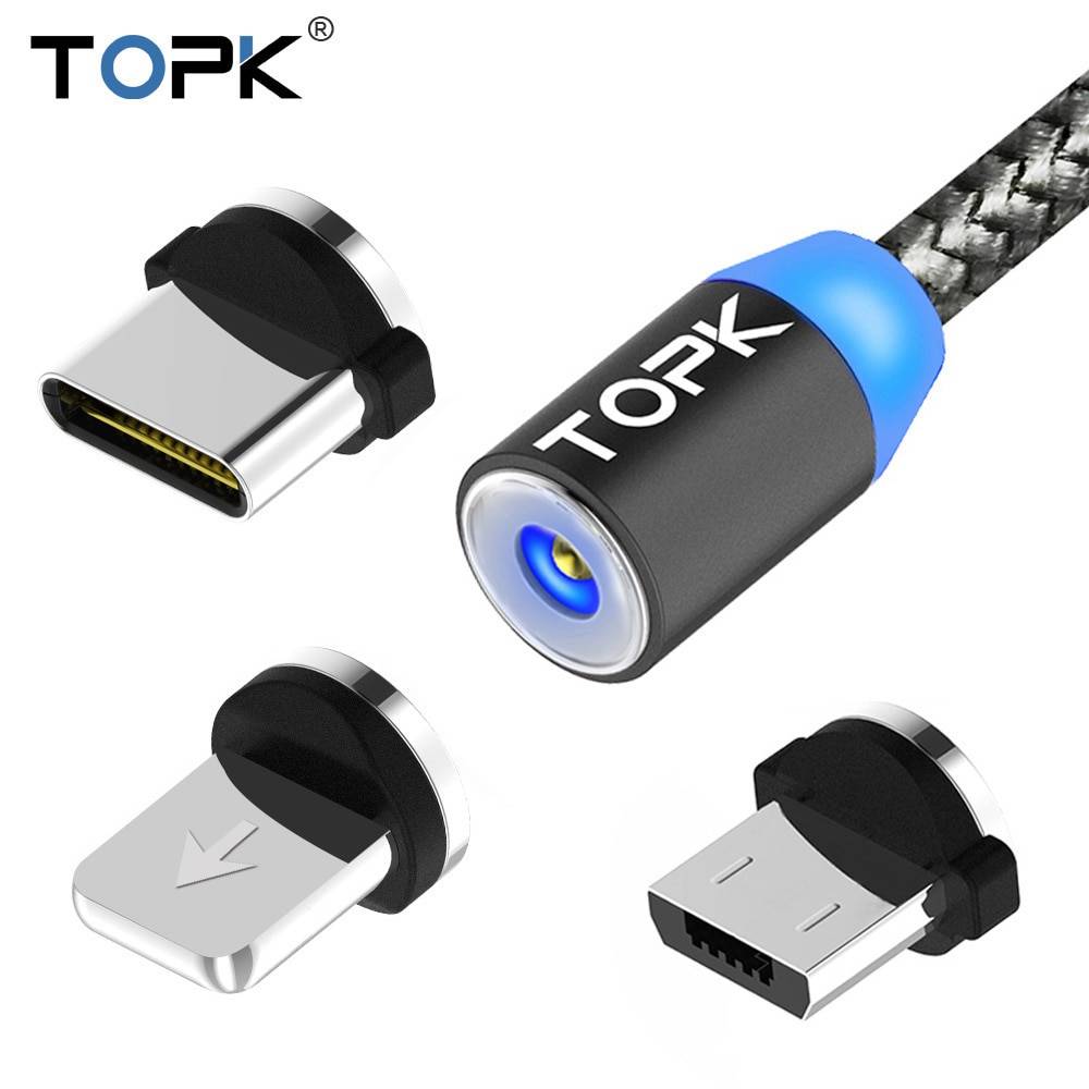 TOPK светодиодный магнитный usb-кабель, магнитный штекер и USB type-C кабель и Micro usb кабель и usb кабель для iPhone X 8 7 6 Plus