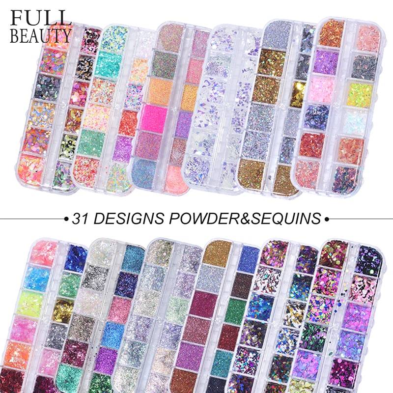 Полная красота 12 сетки/наборы ногтей блестки смешанные зеркало/Русалка/сахар Круглые DIY чешуйки Блестки Дизайн ногтей украшения CH067