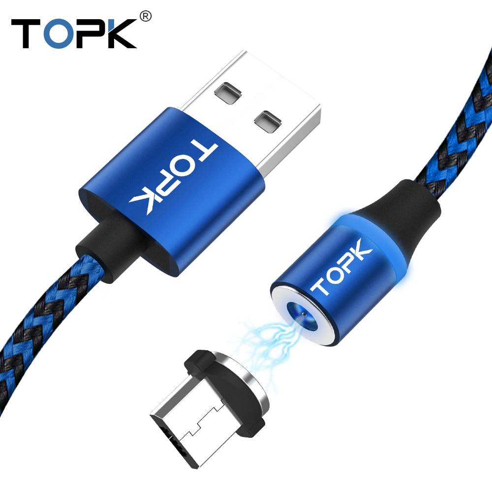 TOPK R-Line3 Micro USB Магнитный кабель нейлоновый Плетеный кабели для мобильных телефонов Micro USB порты и светодиодный разъёмы Microusb LED магнитное зарядное устройство, кабель