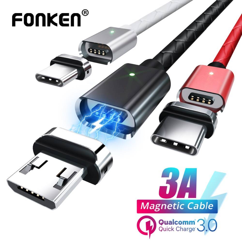 Магнитный кабель FONKEN Micro USB, магнитный кабель для быстрой зарядки, 3 А, кабель usb type C, 1 м, 2 м, провод для Android, кабель для быстрой зарядки и передачи данных