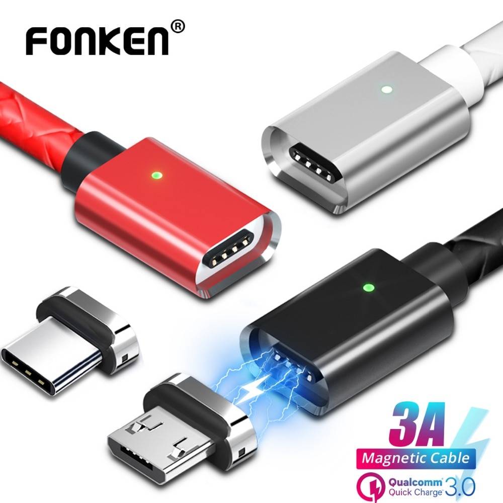 Магнитный кабель FONKEN, быстрая зарядка, магнитный кабель Micro USB и type C, кабель для синхронизации данных, кабели для телефонов, быстрая зарядка, магнитное зарядное устройство, кабель