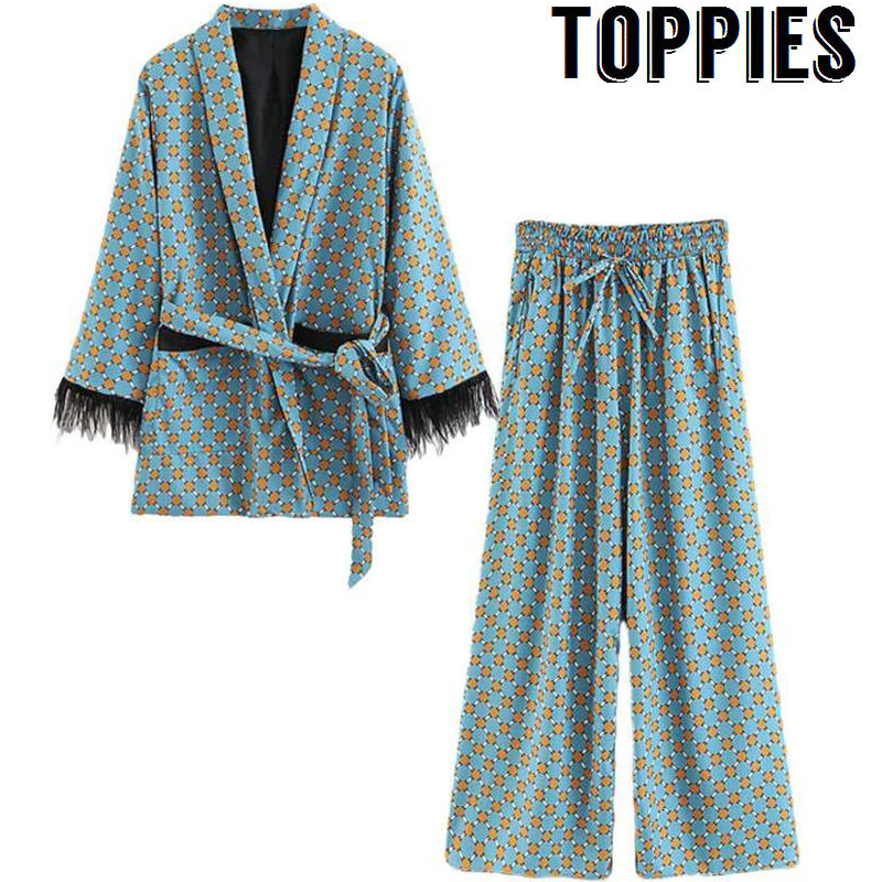 Toppies 2020 синее кимоно с принтом, куртка с рукавами-перьями, свободные брюки с широкими штанинами, Женские винтажные костюмы одежды
