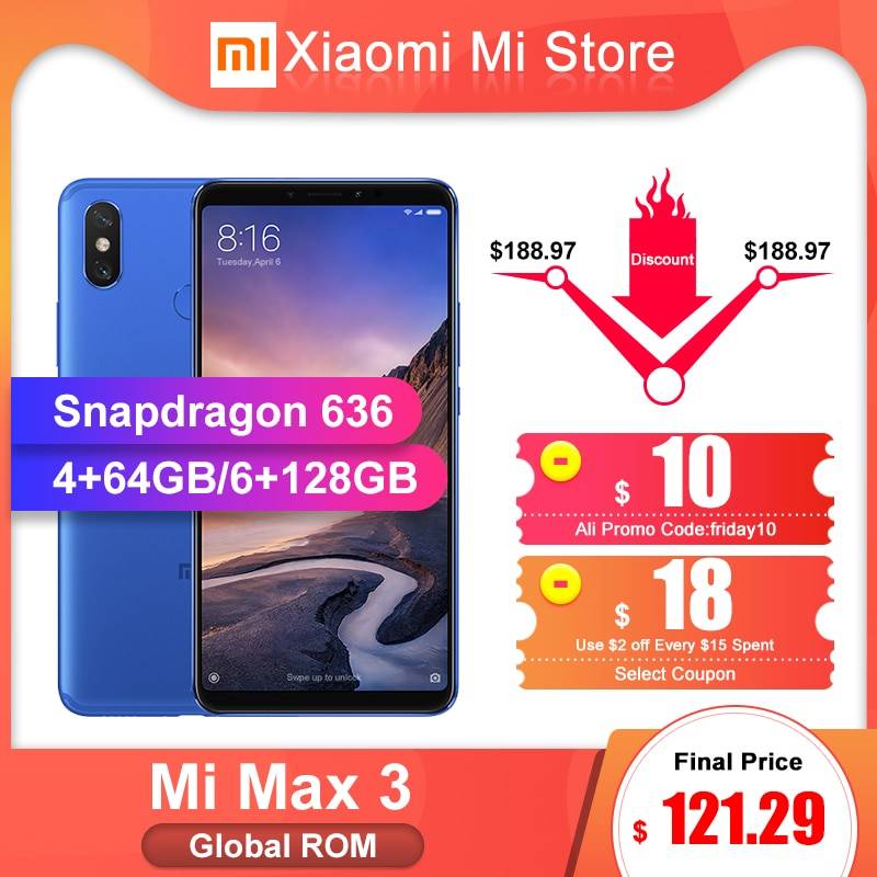 Глобальная ПЗУ Xiaomi Mi Max 3 4 Гб 64 Гб/6 ГБ 128 Гб Смартфон Snapdragon 636 Восьмиядерный 6,9 "2160x1080 полный экран Двойная камера 5500 мАч