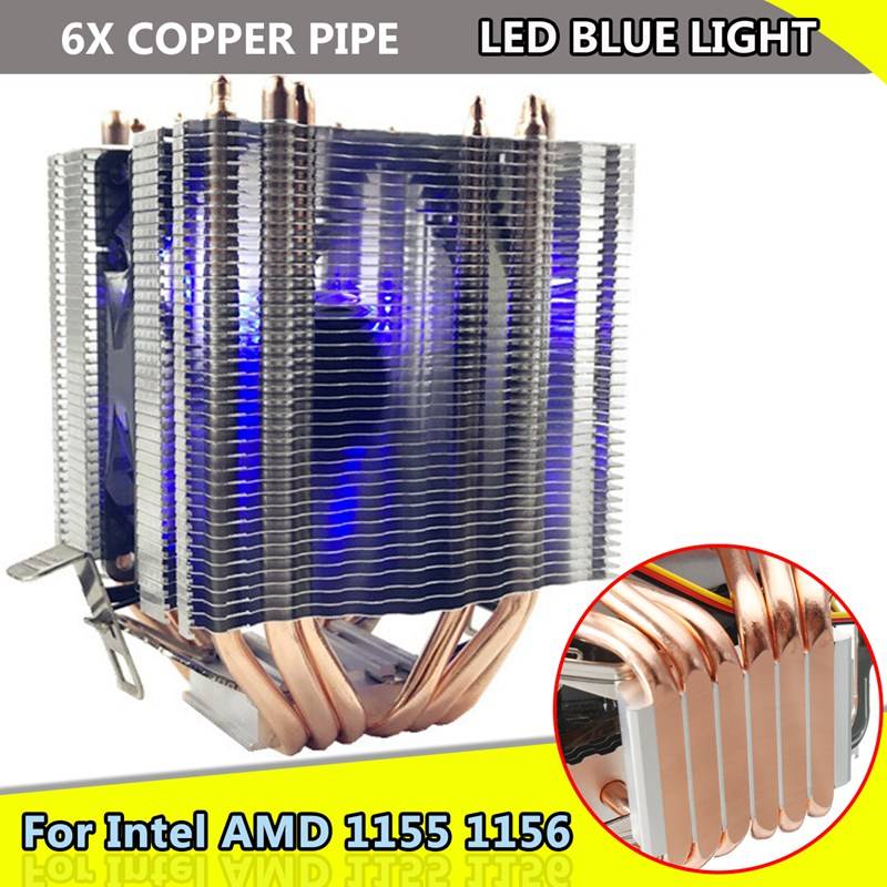 Для Intel LAG 1155 1156 для AMD Socket AM3/AM2 светодиодный синий свет Процессор вентилятор 6 xHeat трубы компьютер 12 V 3Pin охладитель вентилятор охлаждения радиатора