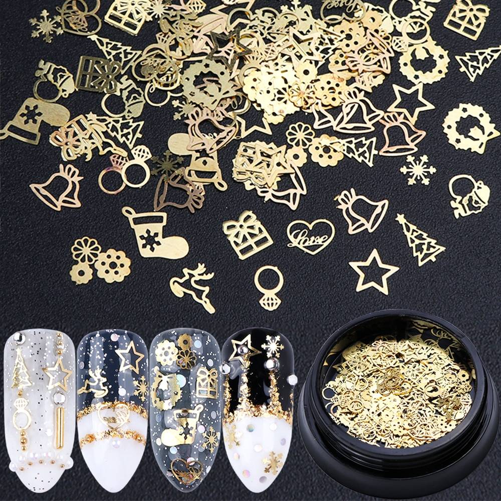 Рождественские украшения ногтей аксессуары 3D золотые блестки коробка смесь дизайн кольцо Белл Лось Снежинка из металла Мерцающий Блеск Советы Набор SA708