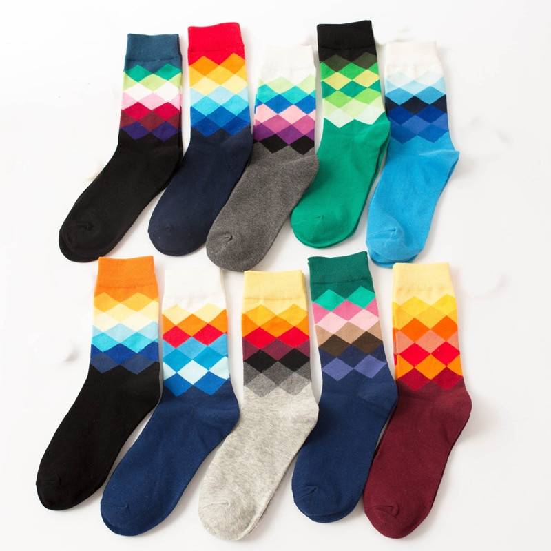 Для мужчин носки осень-зима модные 10 видов цветов ромбической градиент узор серии джентльмен тенденция Happy хлопок большой Размеры экипажа носки F247