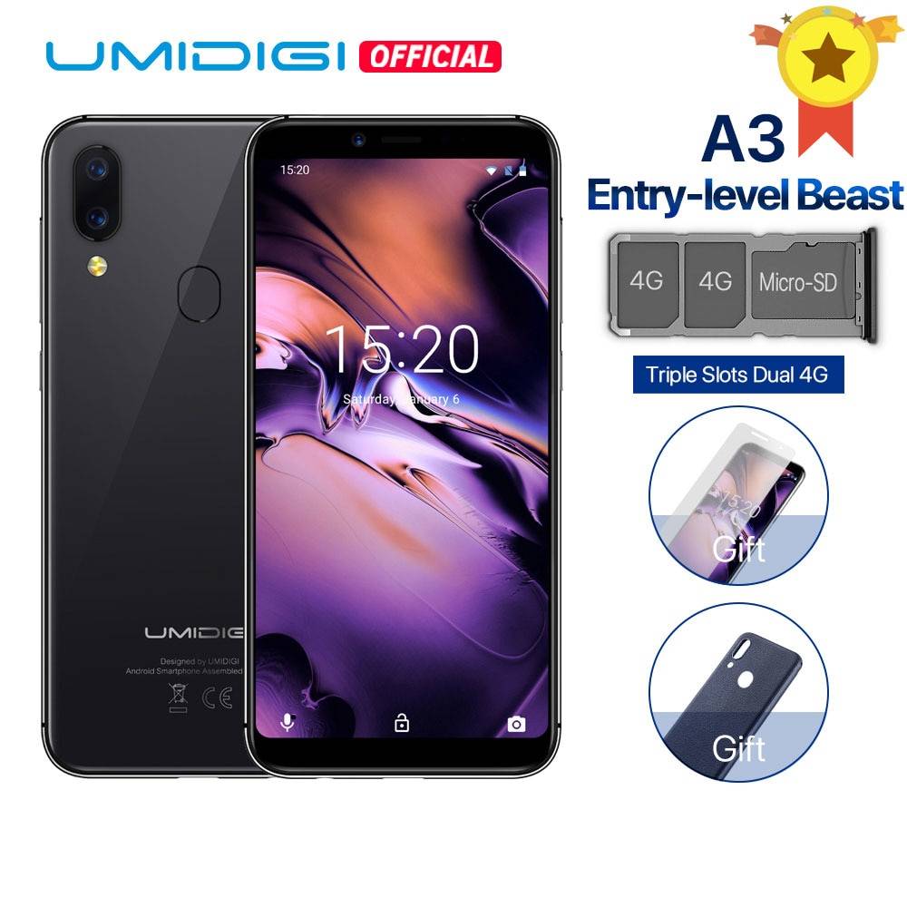 UMIDIGI A3 Глобальный Band 5,5 "incell HD + дисплей 2 GB + 16 GB смартфон четырехъядерный Android 8,1 12MP + 5MP Face Unlock двойной 4G мобильный телефон