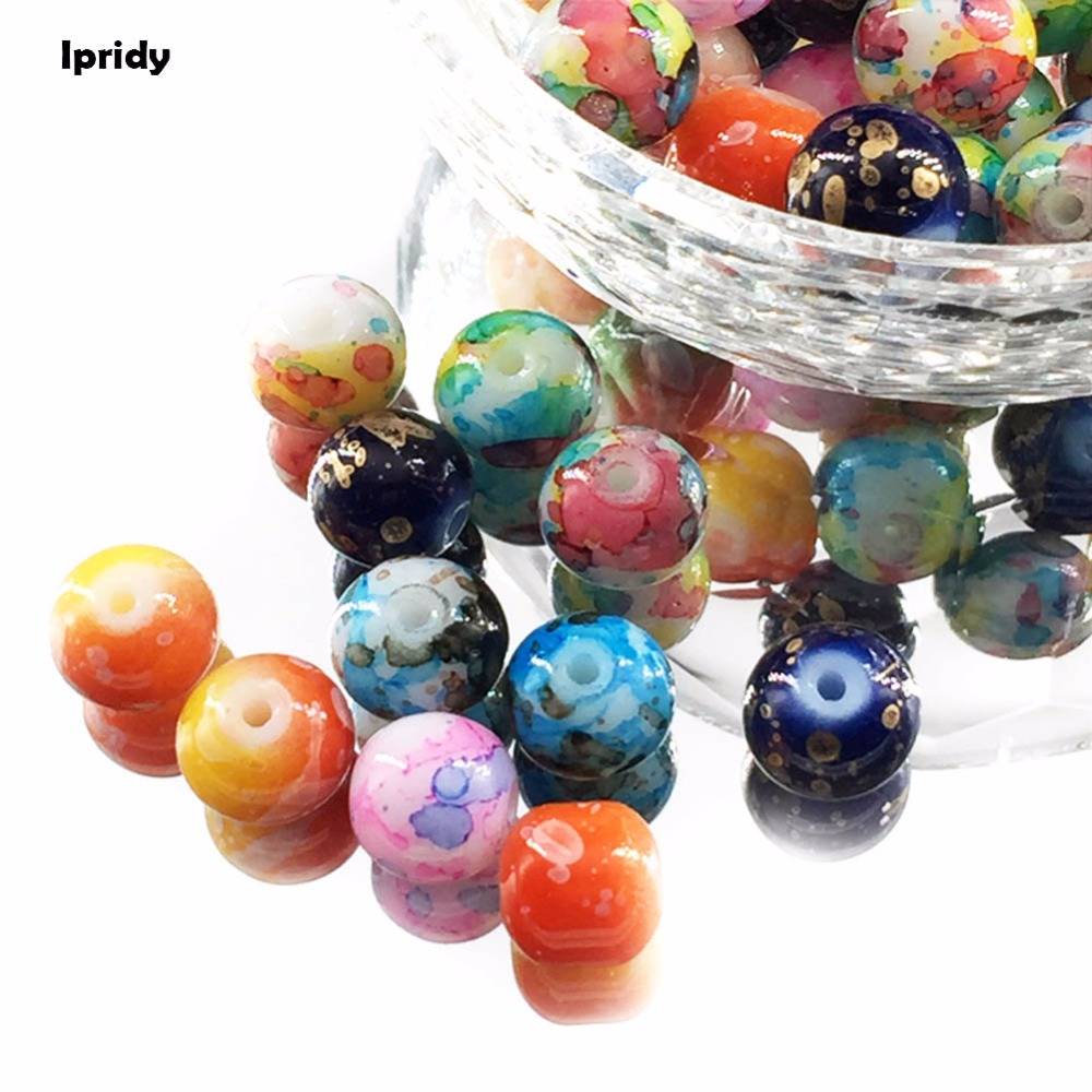 10 шт./лот, 8 мм отверстие: 1,2 мм, Нефритовый белый двойной эффект, смешанные стеклянные шарики с распылителем, круглая форма для изготовления ювелирных изделий