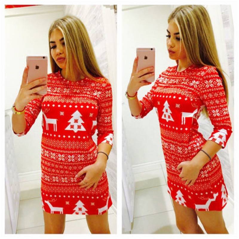Женская осенне-зимняя одежда, Рождественская вечеринка, облегающее повседневное женское мини-платье с круглым вырезом, длинным рукавом, обычный размер, пуловер