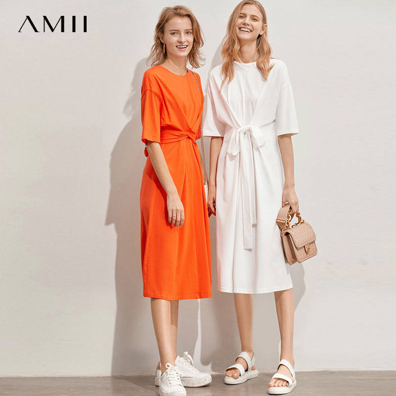 Женское платье в минималистическом стиле Amii, повседневное однотонное хлопковое элегантное платье с коротким рукавом и круглым вырезом на шнуровке, с высокой талией, весна-лето 11960107