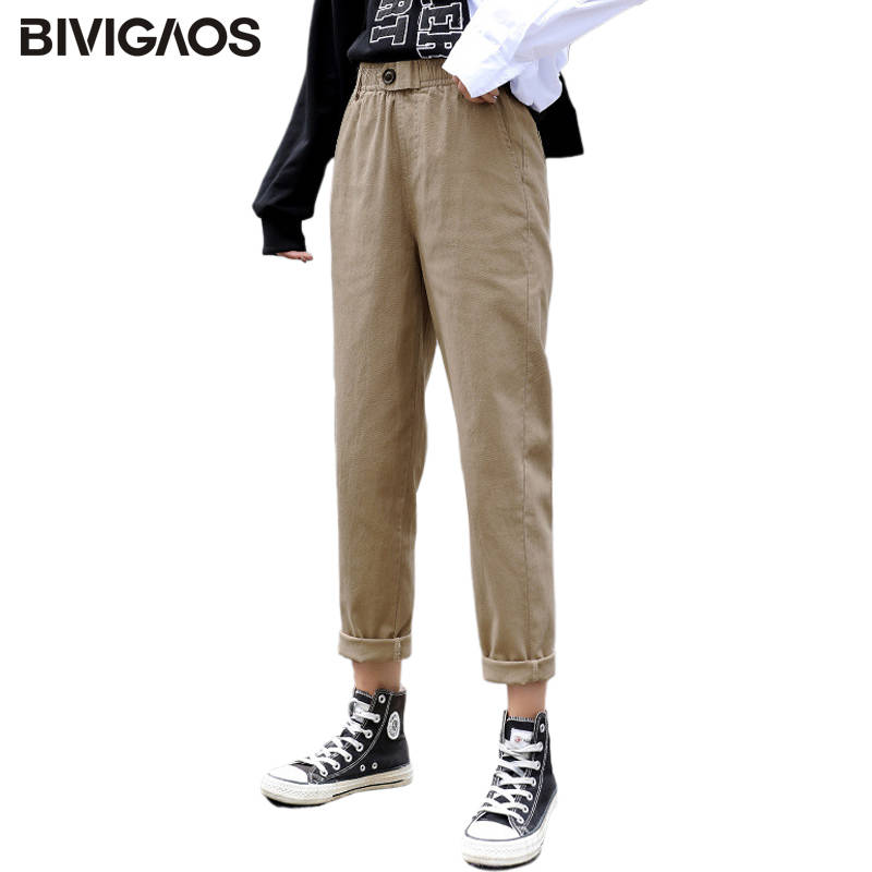 BIVIGAOS 2019 новая весенняя женская одежда прямые комбинезоны повседневные штаны-шаровары Корейская эластичная талия треугольная Пряжка брюки карго модный Женщин-брюки Комбинезон