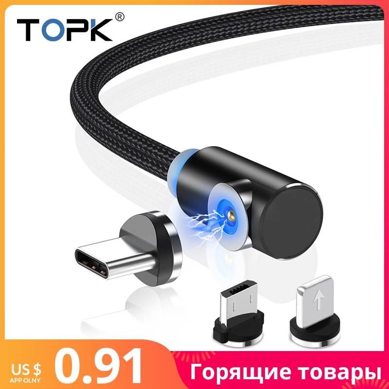 TOPK AM51 90 градусов светодиодный кабель Micro USB Магнитный зарядный кабель для iPhone samsung Xiaomi usb type C магнитное зарядное устройство, кабель Adapte