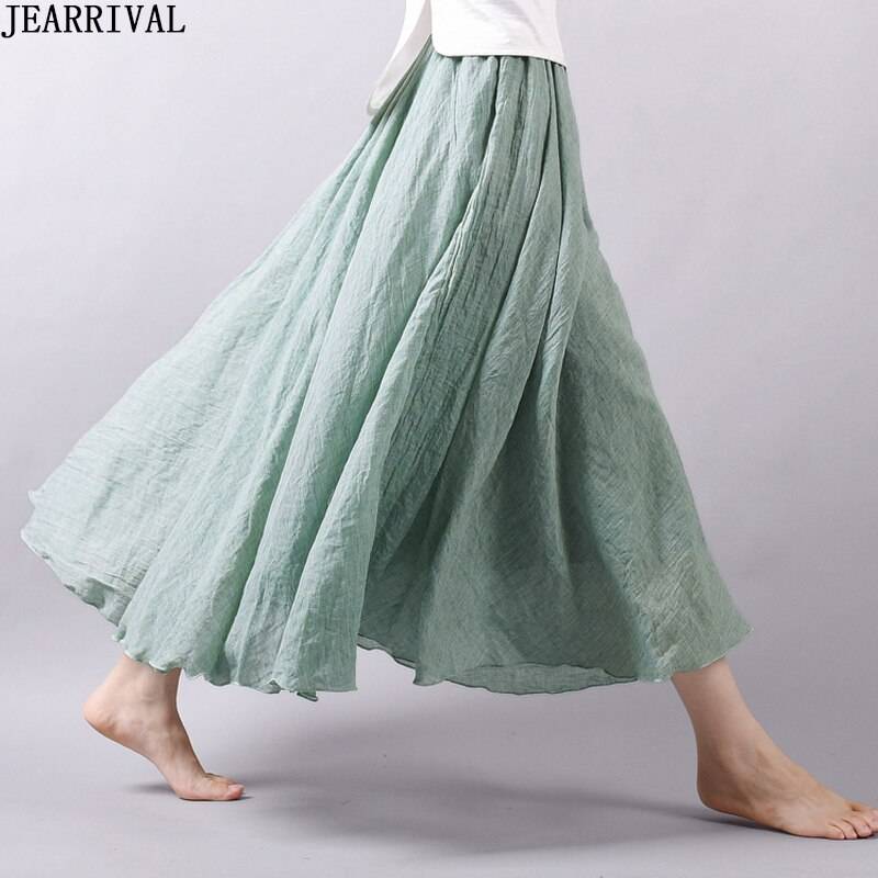 Женская льняная длинная юбка с высокой талией, однотонные богемные повседневные пляжные макси-юбки, Винтажная летняя юбка Faldas Mujer, 2019