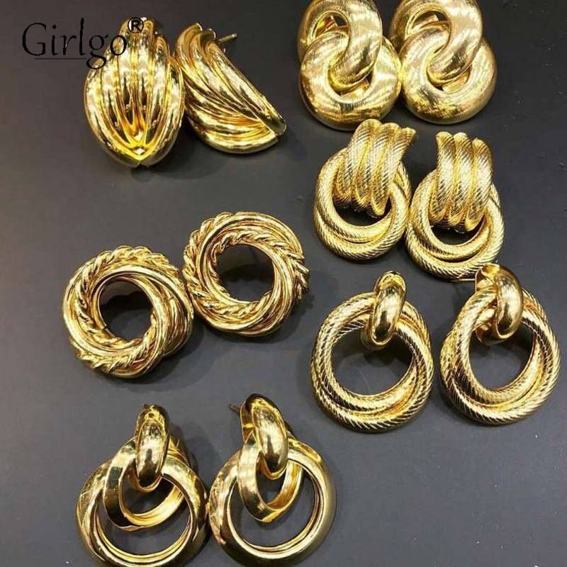 Женские винтажные серьги-подвески Girlgo, металлические золотистые геометрические серьги, этнические круглые массивные серьги в стиле панк, ювелирные изделия, оптовая продажа