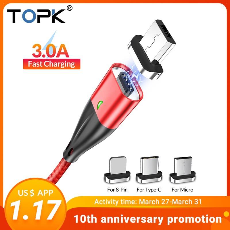 Магнитный usb-кабель TOPK 1 м 2 м USB type C и mi cro usb кабель для быстрой зарядки кабель usbc для iPhone samsung Xiao mi redmi note 7 mi a2