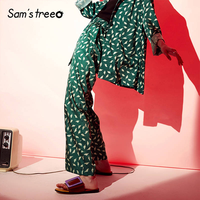 Женские широкие брюки Samstree, зеленые кожаные цыганские штаны с принтом, свободные офисные брюки с эластичной талией в стиле бохо на осень 2019