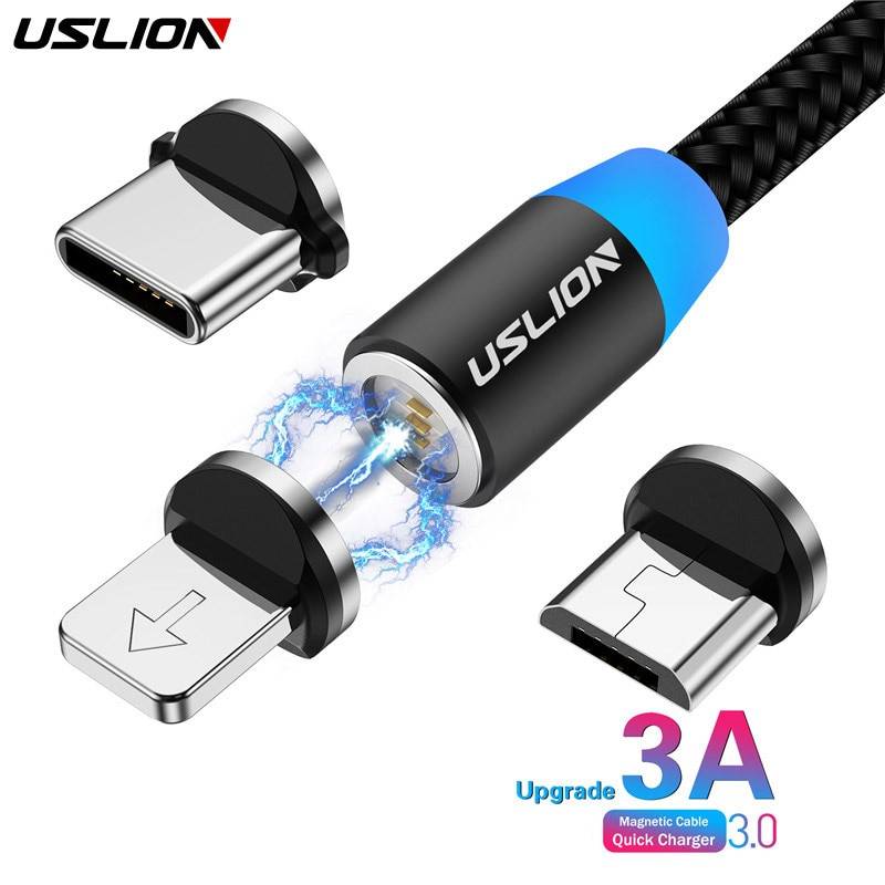 USLION 3A Быстрая зарядка Магнитный USB кабель Тип C микро кабель LED Нейлон Плетеный Type-C магнитное зарядное устройство для Iphone XS 7 Samsung 1M