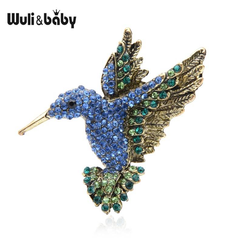 Wuli & baby, розовые, Синие стразы, колибри, броши для женщин и мужчин, Винтажная брошь в виде животного, булавки, подарки