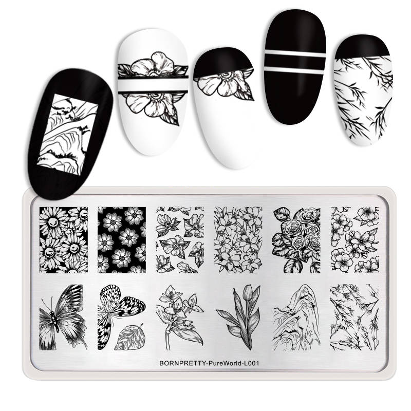 BORN PRETTY прямоугольные штамповки для ногтей пластины из нержавеющей стали цветок Бабочка Дизайн рисунок для нейл-арта DIY пластины инструменты L001